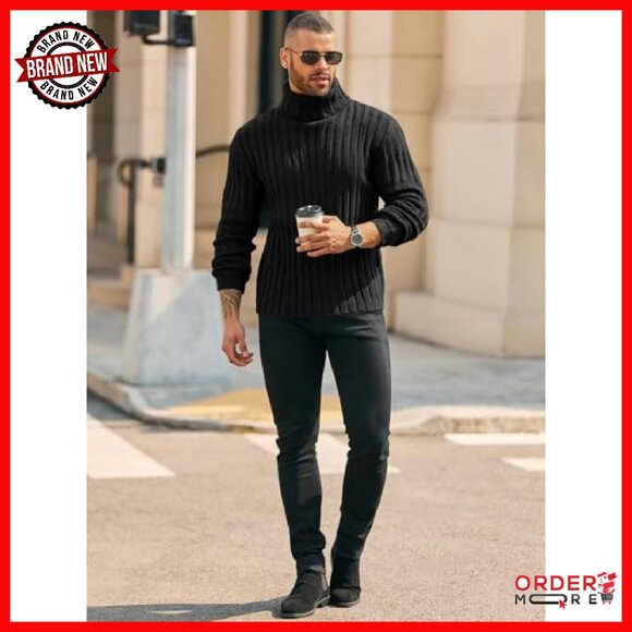 Chunky Cable Knit Turtleneck Sweater Slim Fit Mens Winter Pullover - Picture 5 of 6